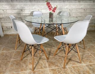 Mesa Nordica Redonda De Cristal 120 cm + 6 Sillas Nordicas 