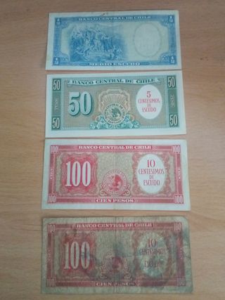 Billetes de Chile 100, 50 y 1/2 Escudo