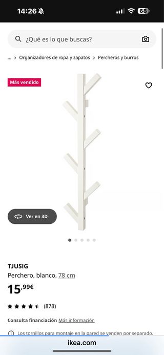 Perchero de pared Tjusig IKEA blanco