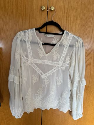 Blusa Zara Blanca Encaje Semitransparente