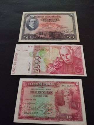 Billetes españoles antiguos: 50, 2000, 10 Pesetas