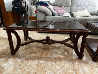 Mesa de centro y auxiliar madera y cristal