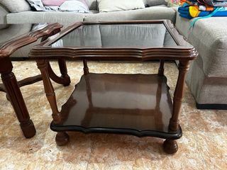 Mesa de centro y auxiliar madera y cristal
