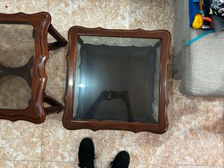 Mesa de centro y auxiliar madera y cristal