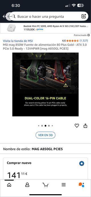 Fuente Alimentación MSI MAG 850W 80 Plus Gold