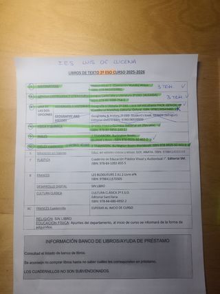 Lote libros 2⁰ ESO IES LUIS DE LUCENA