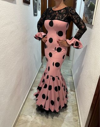 Vestido Flamenca Guadalupe Lunares Rosa Negro