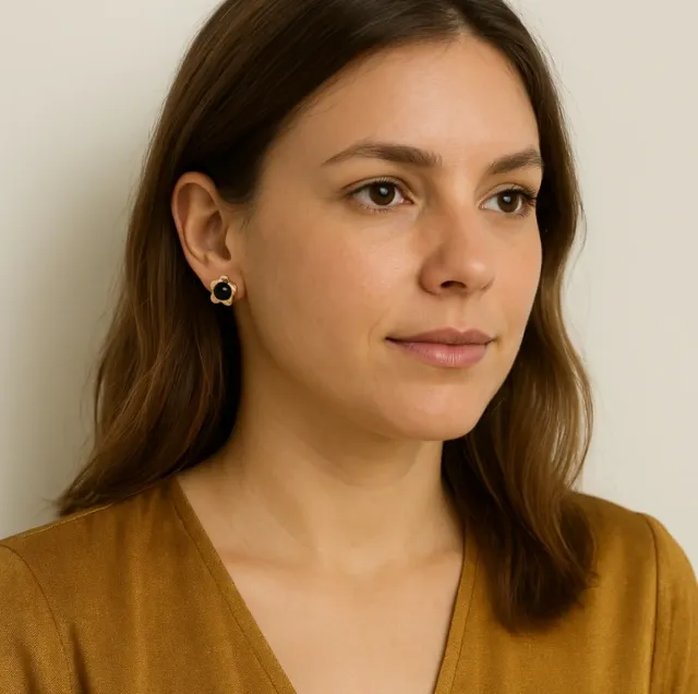 Pendientes flor acero dorado rosa azabache