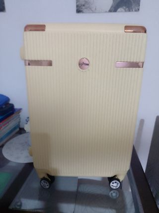 Maleta beige con detalles dorados
