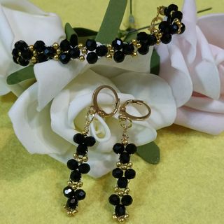Conjunto Pulsera y Pendientes Cristal Negro y Dora