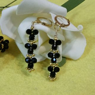Conjunto Pulsera y Pendientes Cristal Negro y Dora