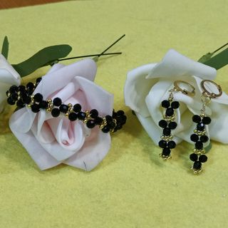 Conjunto Pulsera y Pendientes Cristal Negro y Dora
