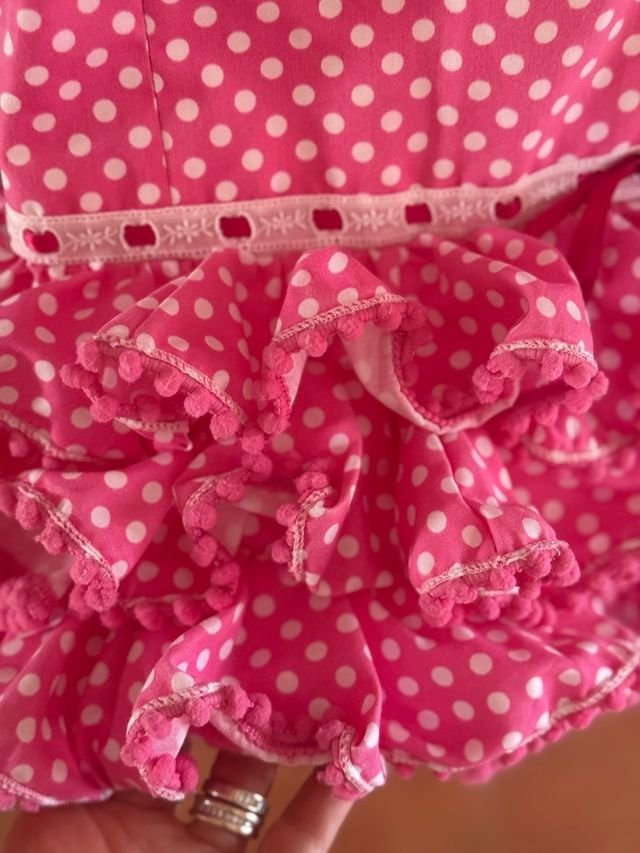Traje Flamenca/Sevillana Rosa Lunares Blancos bebé