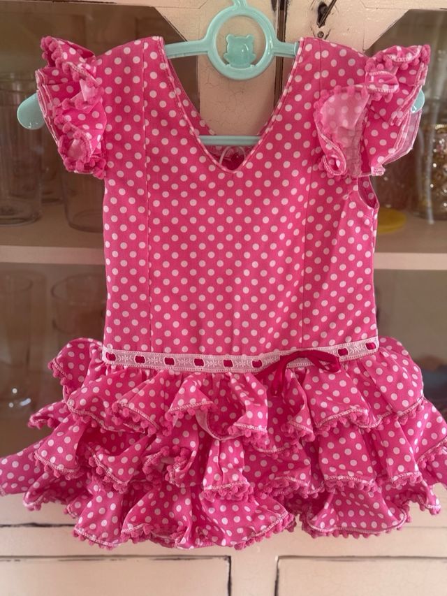 Traje Flamenca/Sevillana Rosa Lunares Blancos bebé