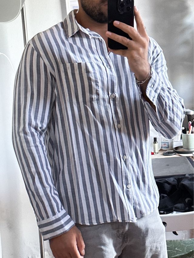 Camicia H&M Uomo Righe blu/ Bianco Misto Lino