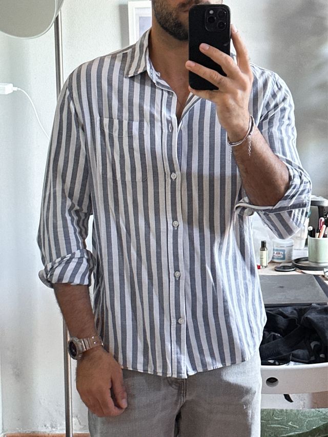 Camicia H&M Uomo Righe blu/ Bianco Misto Lino