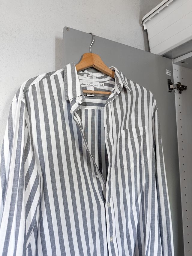 Camicia H&M Uomo Righe blu/ Bianco Misto Lino