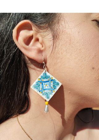 Pendientes de azulejo, pendientes perla, joya azul