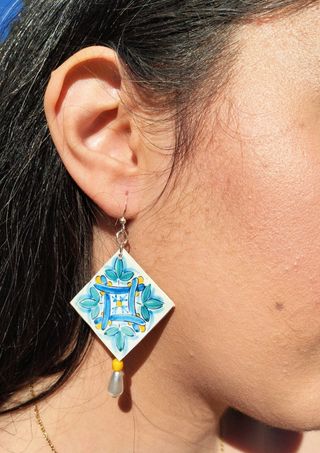Pendientes de azulejo, pendientes perla, joya azul