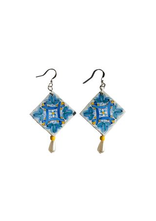 Pendientes de azulejo, pendientes perla, joya azul