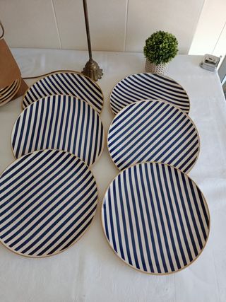 6 Platos Diseño Rayas Azul y Blanco Cerámica