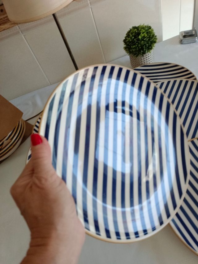 ✨6 Platos Diseño Rayas Azul y Blanco Cerámica