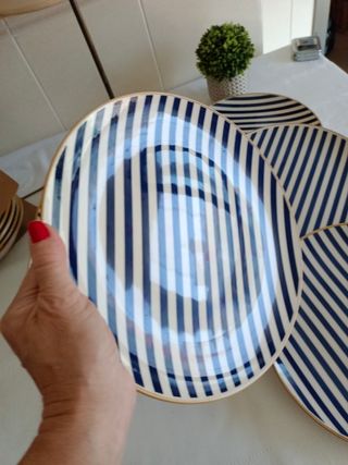 6 Platos Diseño Rayas Azul y Blanco Cerámica