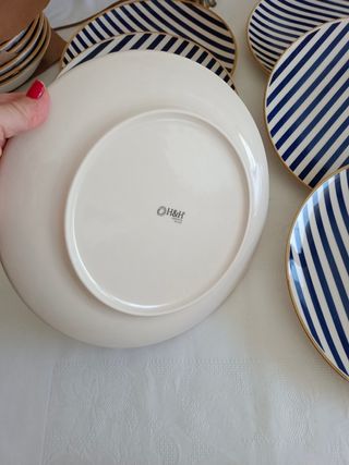 6 Platos Diseño Rayas Azul y Blanco Cerámica