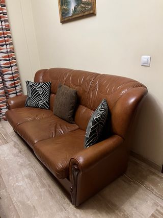Conjunto Sofá + 2 Sillones de Piel Marrón