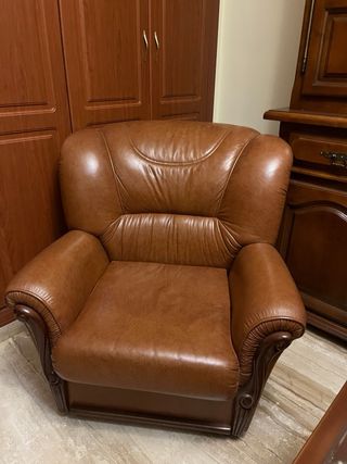 Conjunto Sofá + 2 Sillones de Piel Marrón