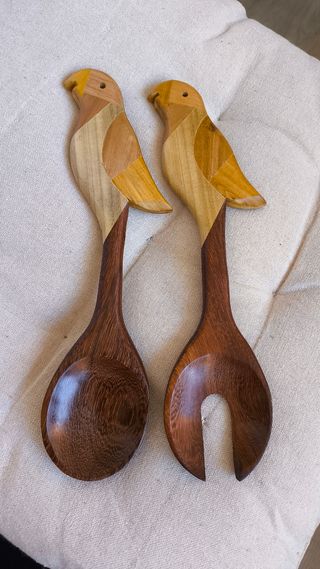 Cucharas de ensalada madera artesanales pájaro