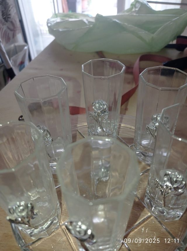 Set 6 Bicchieri Vetro con Rosa Argento