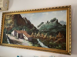 Cuadro paisaje rural con casa y montañas