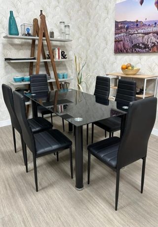 Mesa de comedor cristal y metal negra