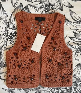 Chaleco Zara Macramé con Abalorios Marrón