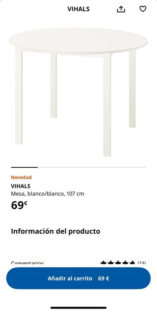 Mesa redonda VIHALS Ikea blanca 107 cm
