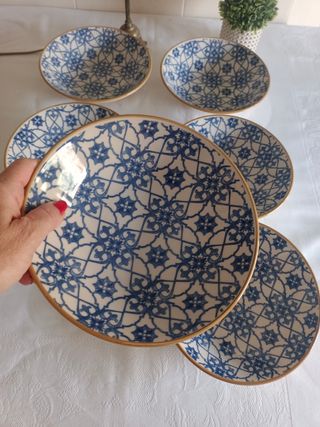 6 Platos Diseño Mediterráneo Azul y Blanco