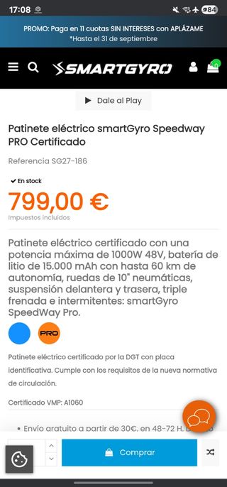 Patinete Eléctrico SmartGyro Speedway PRO.