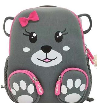 Mochila infantil de oso cinza e rosa