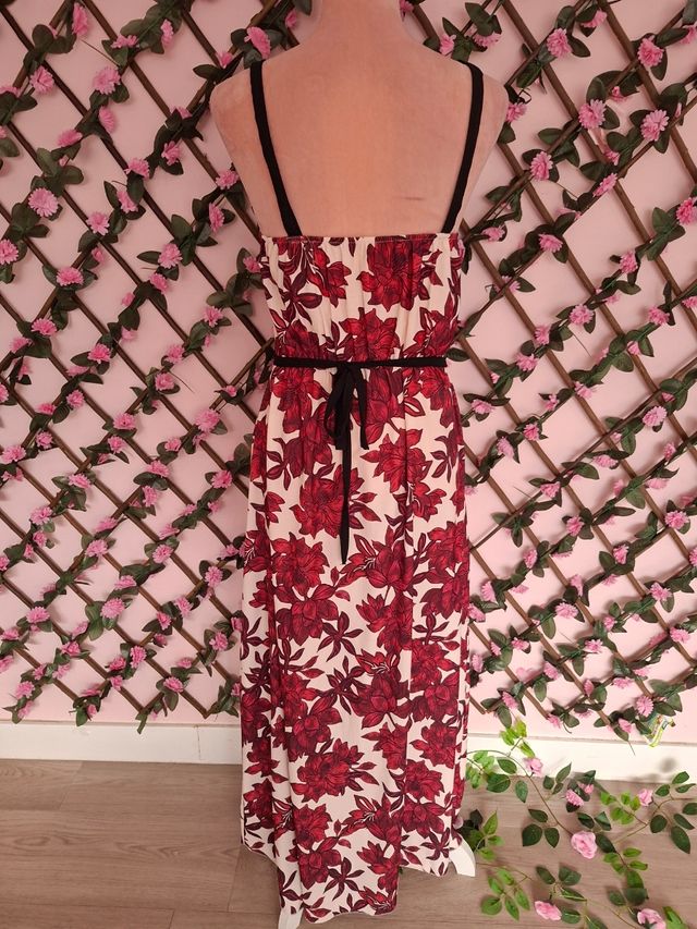 Vestido largo floral rojo y blanco