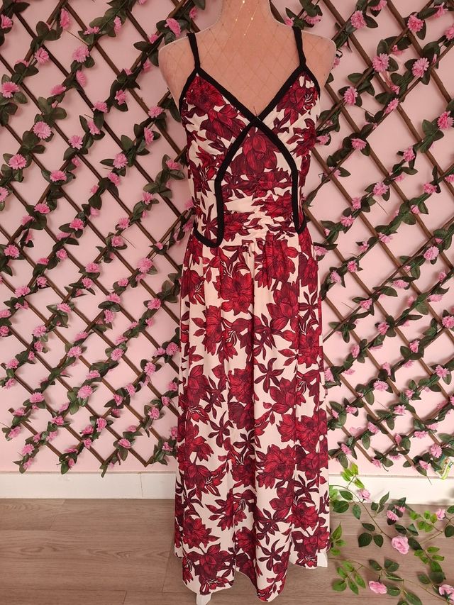 Vestido largo floral rojo y blanco