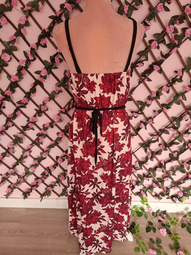 Vestido largo floral rojo y blanco