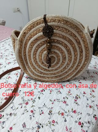 Bolso rafia y algodón con asa de cuero