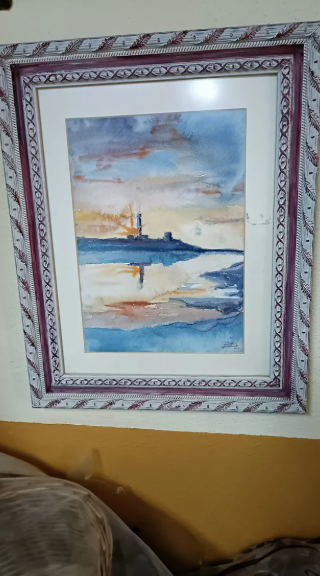 Cuadro paisaje marítimo de acuarelas. 48X 38cm
