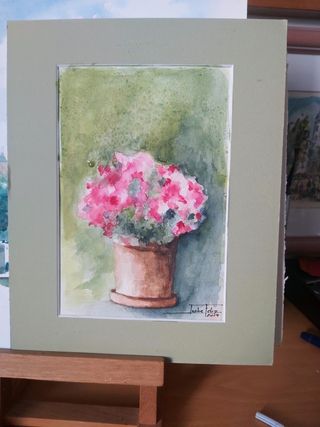 Acuarela original de maceta con flores