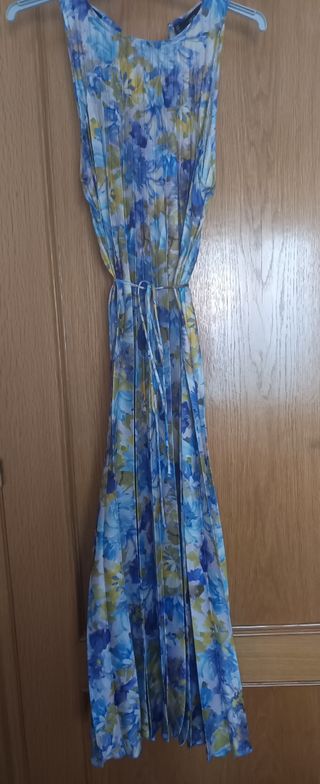 Vestido Mango Plisado Azul Seda