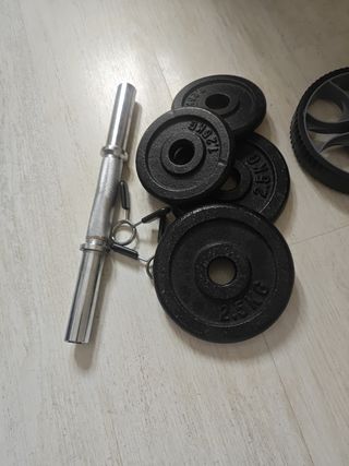 Pesas con barra y discos
Y rueda de abdominales 