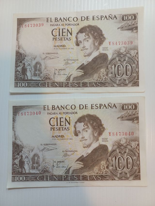 2 Billetes 100 Ptas 1965 BECQUER CORRELATIVOS