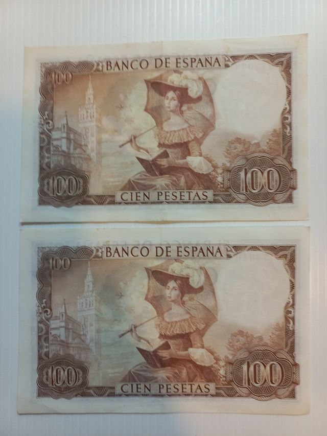 2 Billetes 100 Ptas 1965 BECQUER CORRELATIVOS