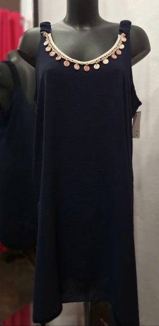 Vestido de viscosa azul con adornos